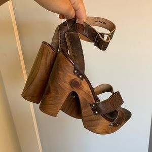 Brown Leather Chunky Wooden Heels